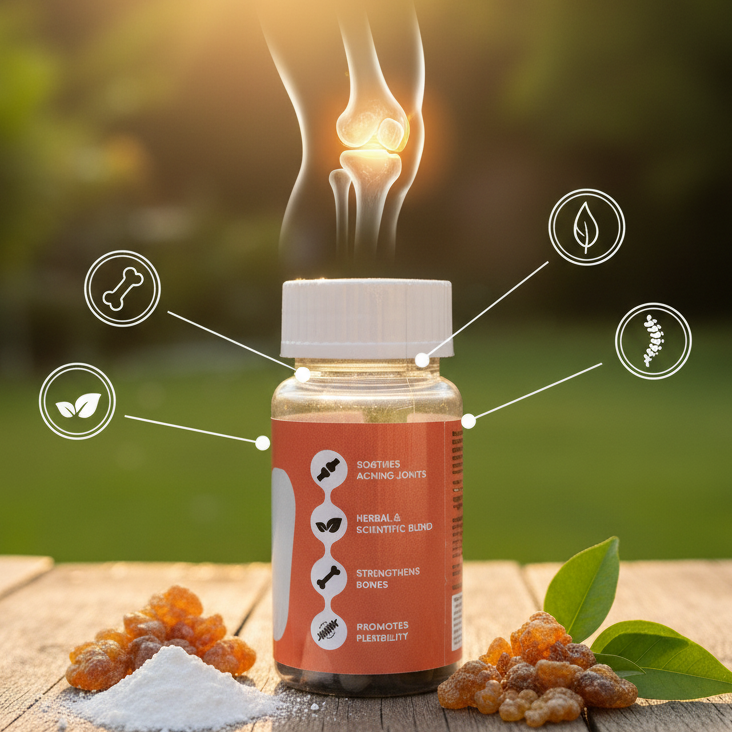 Healthylane Joint Care bottle with health benefits illustrated on a wooden surface with a natural background